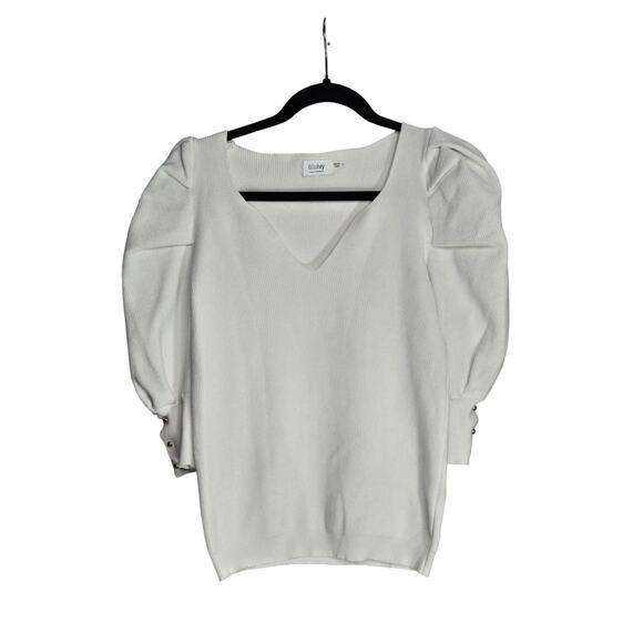Puff Sleeve Gold Detail White Low Cut Contemporary Cozy Casual Sweater Top | S - Picture 2 of 9